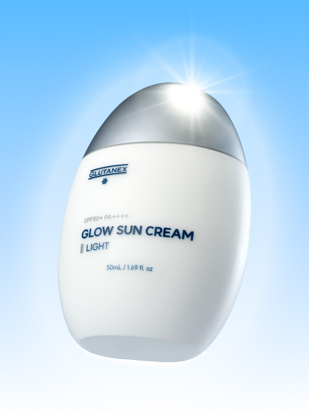Glutanex Glow Sun Cream bottle on a blue background